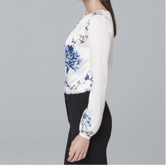 WHBM Gathered-Detail White and Blue Floral-Print Blouse, 0P - Picture 3 of 8